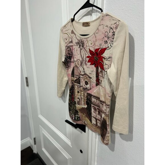 Blue Canyon Christmas Architecture 3/4 Sleeve Top Beige Red Sz Small Holiday - Picture 3 of 9